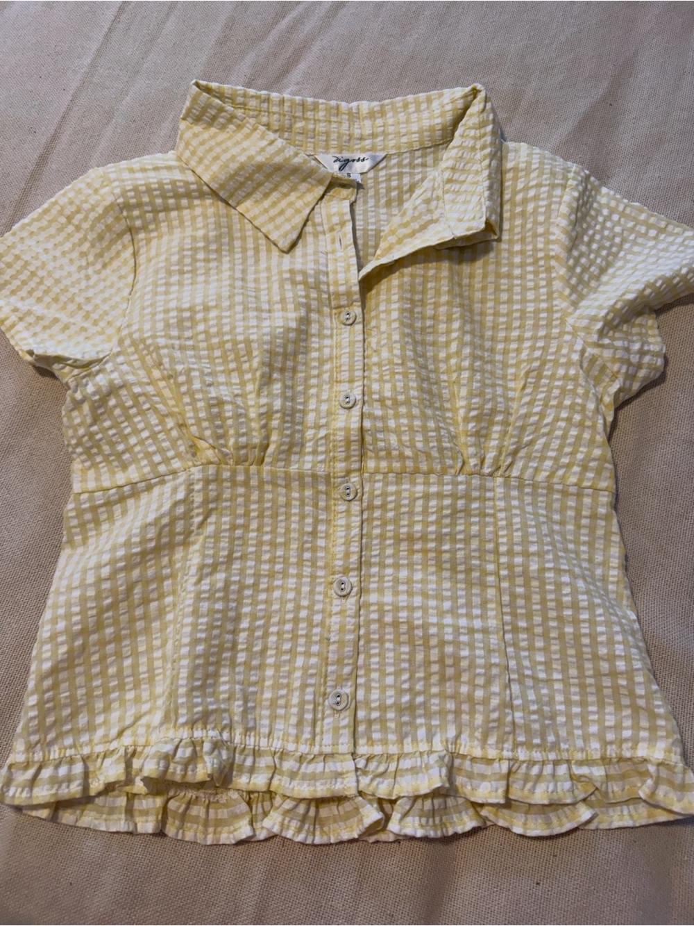 Vigoss Yellow Gingham Button-Up Ruffle Hem Blouse
